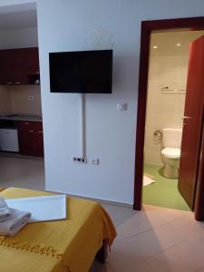 a room with a bathroom with a toilet and a television at Apartments Krapina Lux in Budva
