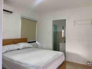 una camera da letto con un letto bianco e un bagno di Villa María Victoria, en Jarabacoa a Jarabacoa