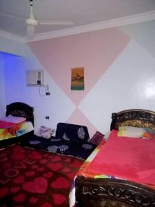- une chambre avec 2 lits et un tapis rouge dans l'établissement El manzel, à Assouan