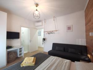 Casa di Kaixin في ميستر: غرفة معيشة مع أريكة سوداء وتلفزيون