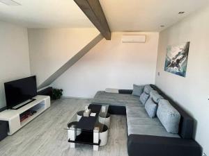 uma sala de estar com um sofá e uma televisão em Apartmán U Trati em Mikulov