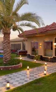 a house with a palm tree and lights in the yard at منتجع لامة مدر in Al Wudayy