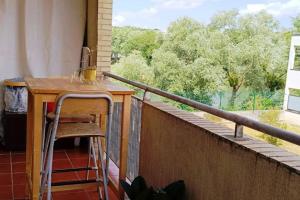 a balcony with a table and a view of trees at Appartement avec vue sur le lac in Lognes