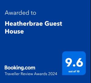 Certifikát, hodnocení, plakát nebo jiný dokument vystavený v ubytování Heatherbrae Guest House