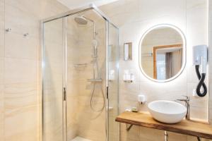 a bathroom with a shower with a sink and a mirror at Hotel Zum Pfeiffer in Radebeul