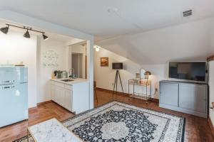 an open living room with a kitchen and a television at Thornton Studio with Kitchenette 
