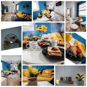 un collage de fotos con alimentos y flores para el desayuno en Seaside Retreat: Luxury 1-bed, Free Parking, en Portsmouth