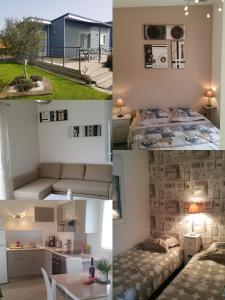 a collage of photos of a bedroom and a living room at Cottage sword beach in Hermanville-sur-Mer