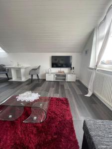 a living room with a red rug and a tv at Central Ferienwohnung in Bad Saulgau