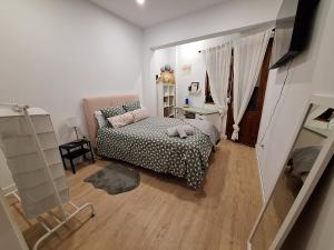 um pequeno quarto com uma cama e um espelho em habitacion con baño compartido en casa con familia em Santa Cruz de la Palma