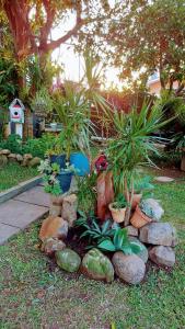 - un jardin avec une bande de plantes et de rochers dans l'établissement Recanto dos pássaros, à Garibaldi