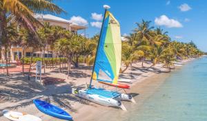 a sailboat and kayaks on a beach with palm trees at Laru Beya All Inclusive Resort in Placencia Village