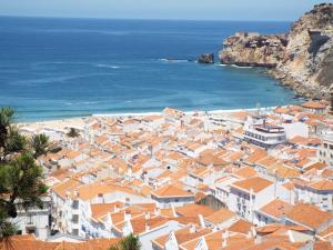 an aerial view of a town with houses and the ocean at Holidays 71 in Nazaré
