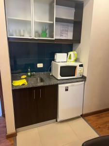 a small kitchen with a microwave and a sink at Dto Civico ART APARMENT in San Juan