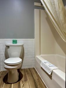 a bathroom with a toilet and a bath tub at Thunderbird Motor Inn in Baraboo
