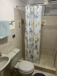 La salle de bains est pourvue de toilettes et d'un rideau de douche. dans l'établissement the traveler's house "Airb nb and travel", à Cusco