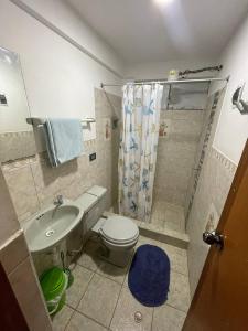 La salle de bains est pourvue de toilettes, d'un lavabo et d'une douche. dans l'établissement the traveler's house "Airb nb and travel", à Cusco