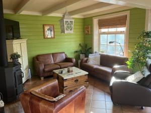 una sala de estar con paredes verdes y muebles de cuero. en Spacious holiday home close to the sea, en Burgerbrug
