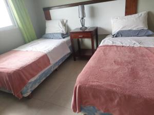 1 dormitorio con 2 camas y mesita de noche con lámpara en RELAX La Tuquita Raco in 