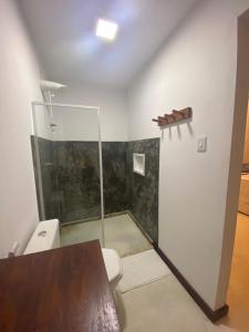 een badkamer met een toilet en een glazen douche bij Viva Mar - suítes in Canavieiras