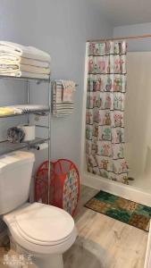 a bathroom with a toilet and a shower curtain at Sun Guest House Pahrump in Pahrump
