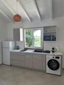 a kitchen with a sink and a washing machine at Bungalow Ixora in Les Abymes