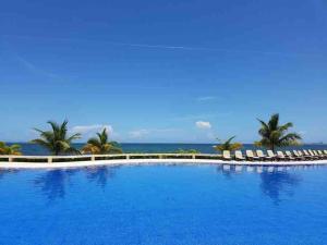a large blue swimming pool with palm trees and the ocean at LUXURY CONDO BEACHFRONT AMARA in Cancún