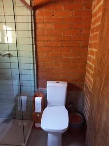 ein Badezimmer mit einem weißen WC in einer Ziegelwand in der Unterkunft Chalé Calêndula - charme junto à natureza in Santo Antônio do Pinhal