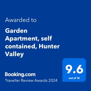 a screenshot of a cell phone with the text awarded to garden appointment self contained at Garden Apartment, self contained, Hunter Valley in Muswellbrook