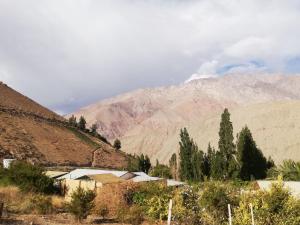 a view of a mountain range with houses and trees at Hostal Acuariano Piscoelqui in Pisco Elqui