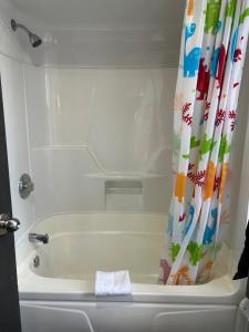 a bathroom with a tub with a shower curtain at APD HOTEL in Montréal