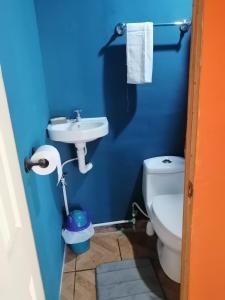 bagno blu con servizi igienici e lavandino di Hostal Niña Oly a Tamanique