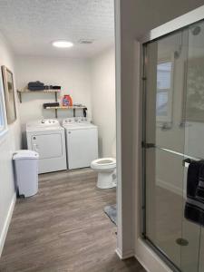 a bathroom with a toilet and a glass shower stall at Almost Bearadise in Pikeville