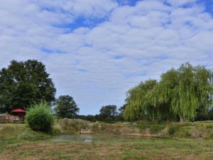 einen Teich auf einem Feld mit Bäumen und einem blauen Himmel in der Unterkunft Gîte Lurcy-Lévis, 5 pièces, 10 personnes - FR-1-489-392 in Lurcy-Lévis
