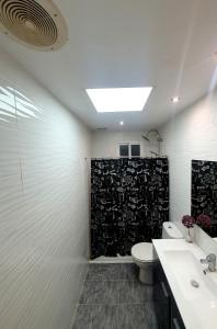La salle de bains est pourvue de toilettes et d'une douche noire et blanche. dans l'établissement Albufera Rooms, à Valence