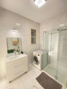 a bathroom with a washing machine and a washer at Penthouse in the castle in Budapest