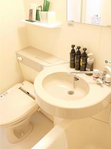 伊賀市的住宿－Route Inn Grantia Wakuranoyado Igauenojomae，白色的浴室设有卫生间和水槽。