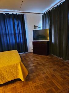 um quarto com uma cama e uma televisão de ecrã plano em HOSTAL MONTESOL em Los Ángeles