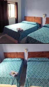 two pictures of two beds in a room at El bungaló in Tecolutla