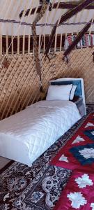 uma cama branca num quarto com um tapete em KARAKALPAK ETNO VILLAGE em Nukus