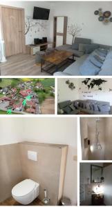 a collage of pictures of a bedroom and a living room at Wohnung Auszeit in Wald