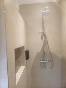 a shower with a shower head in a bathroom at Wohnung Auszeit in Wald