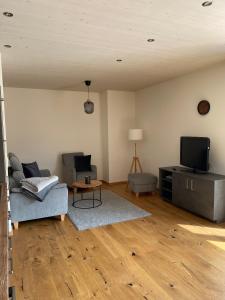 a living room with a couch and a tv at Geißhof in Rettenberg