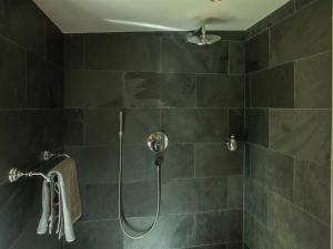 baño con ducha de azulejos negros en Klein Seeland, en Schwielowsee