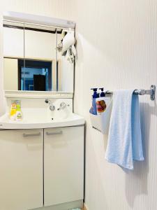 ein Bad mit einem Waschbecken und einem Spiegel in der Unterkunft Nono teru Narita in Narita