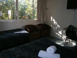 ein Wohnzimmer mit einem Bett, einem Stuhl und einem Fenster in der Unterkunft Kellys Motel Oakey in Oakey