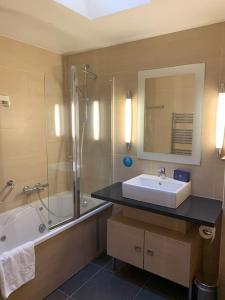 ein Badezimmer mit einem Waschbecken, einer Dusche und einer Badewanne in der Unterkunft Cottage 4P-Les Hauts de Bruyères-109 in Chaumont-sur-Tharonne