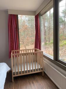 ein Schlafzimmer mit einem Kinderbett vor einem Fenster in der Unterkunft Cottage 4P-Les Hauts de Bruyères-109 in Chaumont-sur-Tharonne