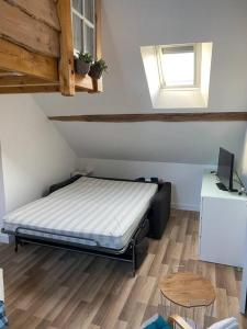1 dormitorio con 1 cama en una habitación con ventana en Charmant studio sous combles, en Aubigny-sur-Nère