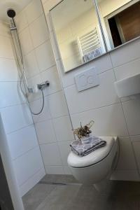 - une salle de bains avec des toilettes en toile d'araignée dans l'établissement Ferienwohnpark Immenstaad am Bodensee Nurdachhaus Typ 7 ND 56, à Immenstaad am Bodensee